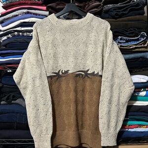 Men's Two-Tone Crewneck Sweater in Cream and Brown